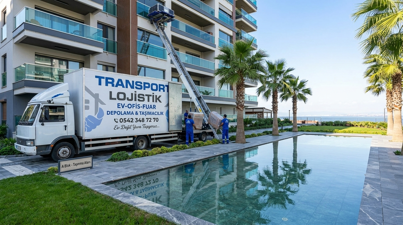 Apartman önünde dış cephe asansörüyle yükleme yapan nakliyat kamyonu ve iki çalışan